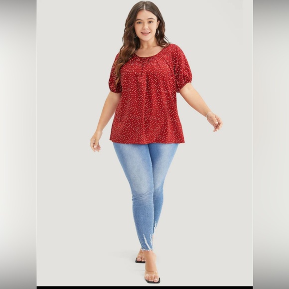 NWT- Bloomchic Polka Dot Pleated Round Neck Puff Sleeve Blouse - Picture 4 of 11